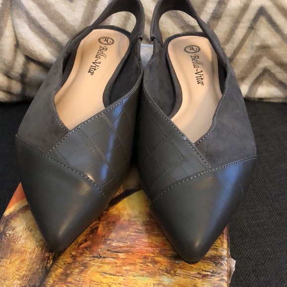NIB Bella Vita Suede Faux Croc Leather Gray Pointed Toe Slingback Flats 7.5W - Picture 3 of 8